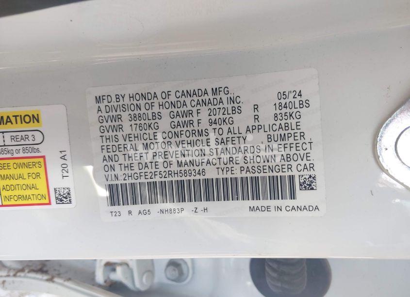 Photo 9 of 2024 Honda Civic SPORT (VIN 2HGFE2F52RH589346)