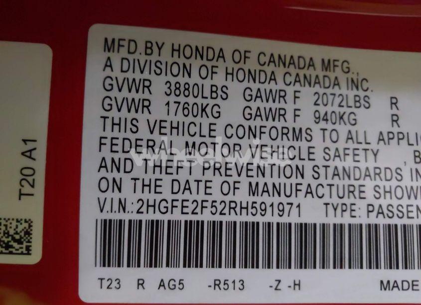 Photo 9 of 2024 Honda Civic SPORT (VIN 2HGFE2F52RH591971)