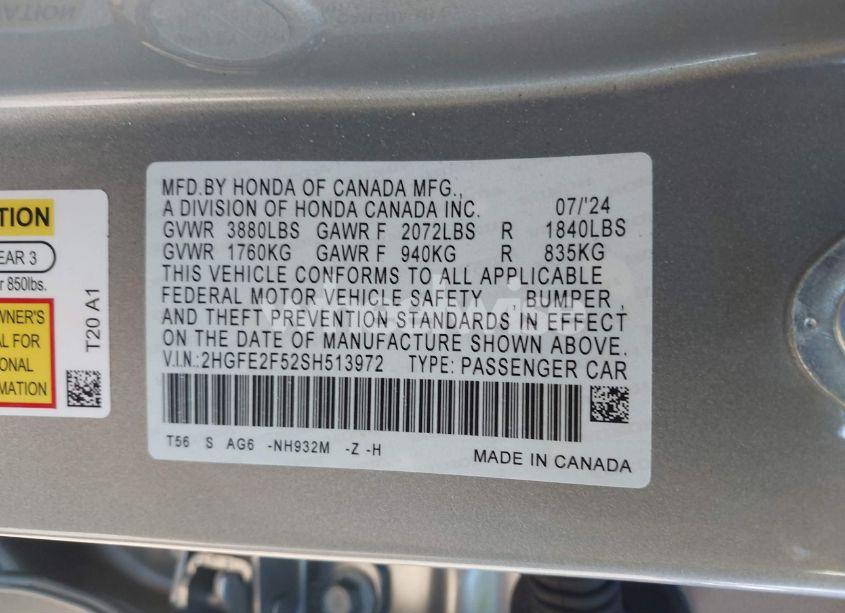Photo 9 of 2025 Honda Civic SPORT (VIN 2HGFE2F52SH513972)