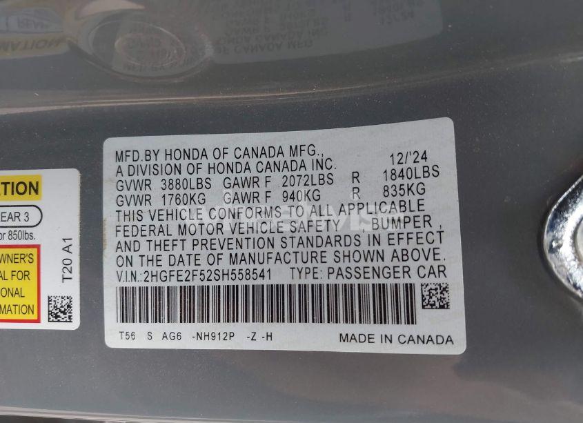 Photo 9 of 2025 Honda Civic SPORT (VIN 2HGFE2F52SH558541)