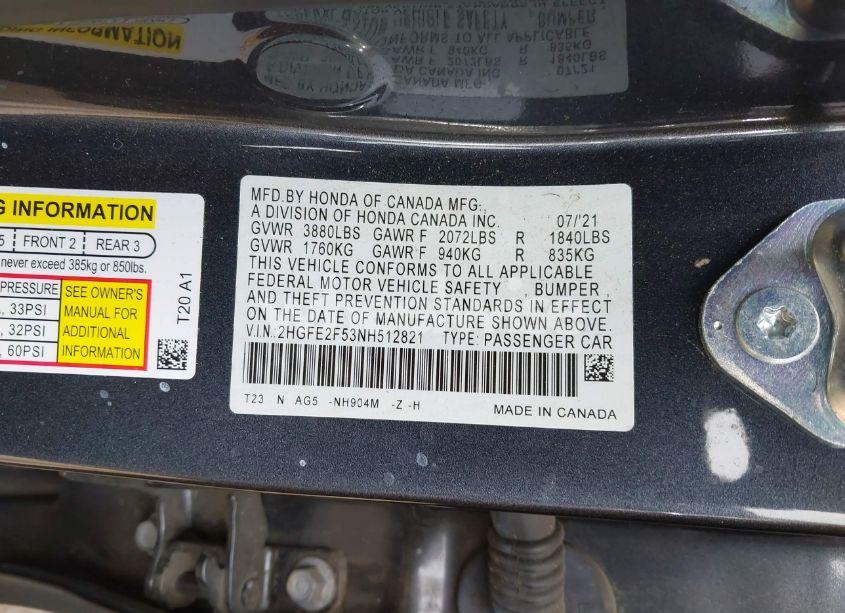 Photo 9 of 2022 Honda Civic SPORT (VIN 2HGFE2F53NH512821)