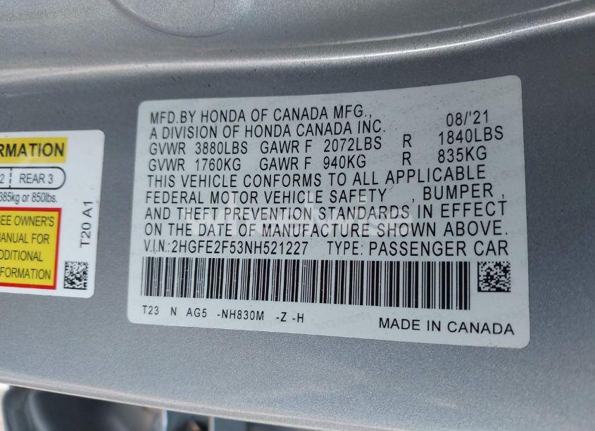 Photo 9 of 2022 Honda Civic SPORT (VIN 2HGFE2F53NH521227)