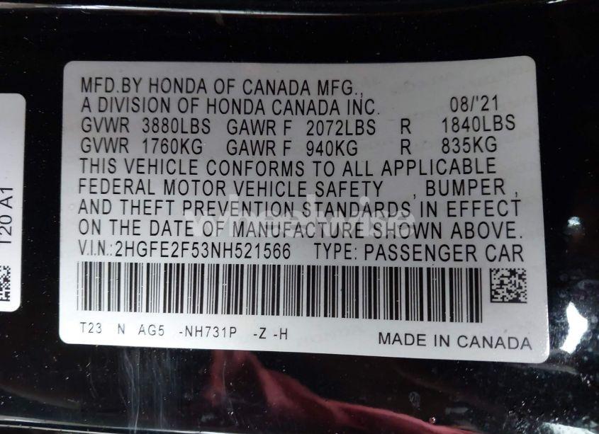 Photo 9 of 2022 Honda Civic SPORT (VIN 2HGFE2F53NH521566)