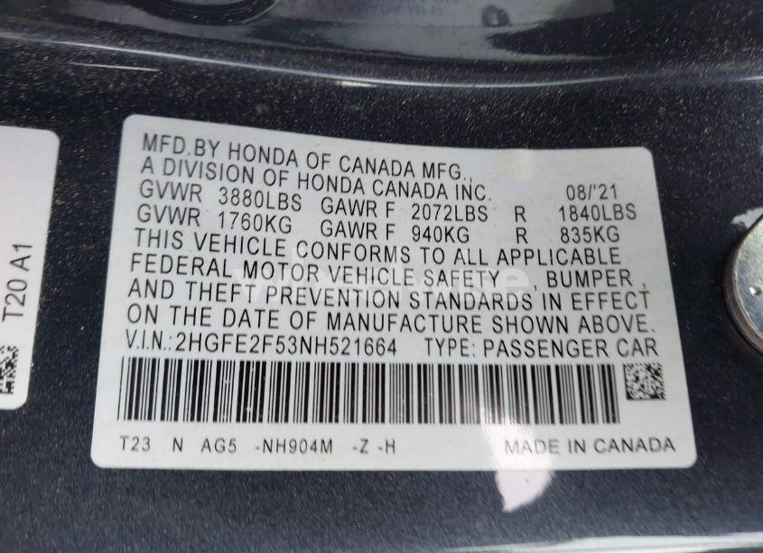 Photo 9 of 2022 Honda Civic SPORT (VIN 2HGFE2F53NH521664)