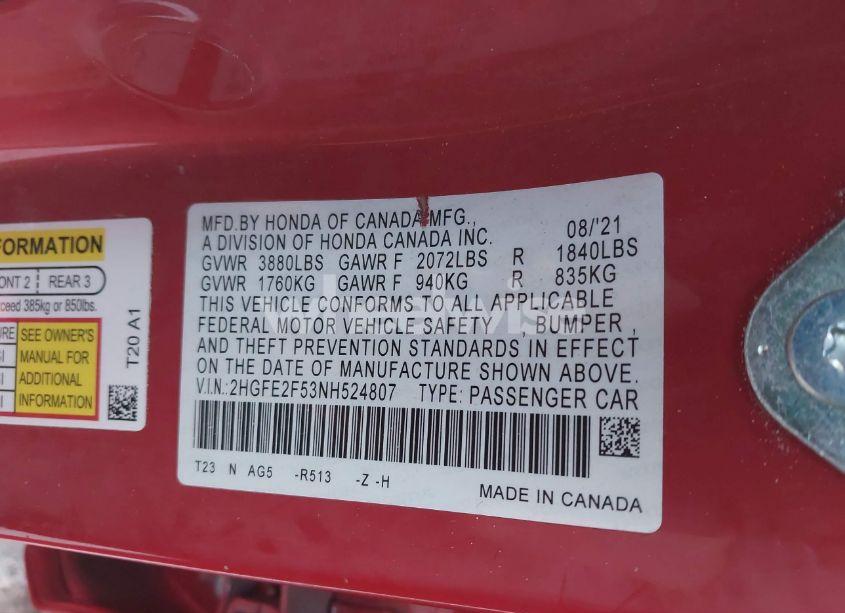 Photo 9 of 2022 Honda Civic SPORT (VIN 2HGFE2F53NH524807)