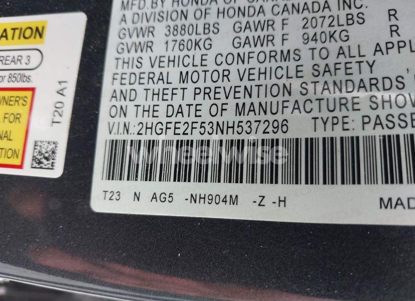 Photo 9 of 2022 Honda Civic SPORT (VIN 2HGFE2F53NH537296)