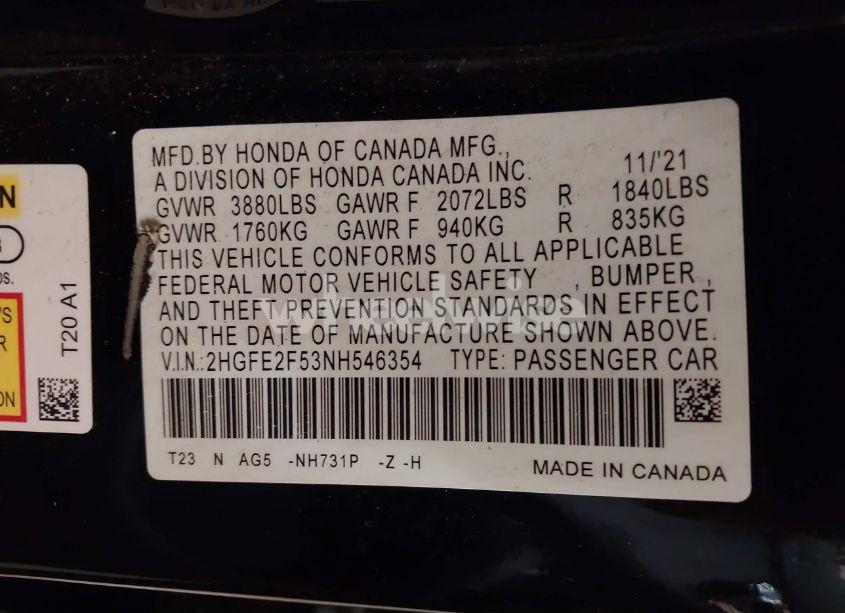 Photo 9 of 2022 Honda Civic SPORT (VIN 2HGFE2F53NH546354)