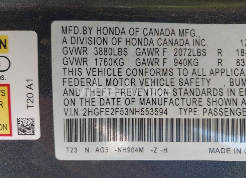 Photo 9 of 2022 Honda Civic SPORT (VIN 2HGFE2F53NH553594)