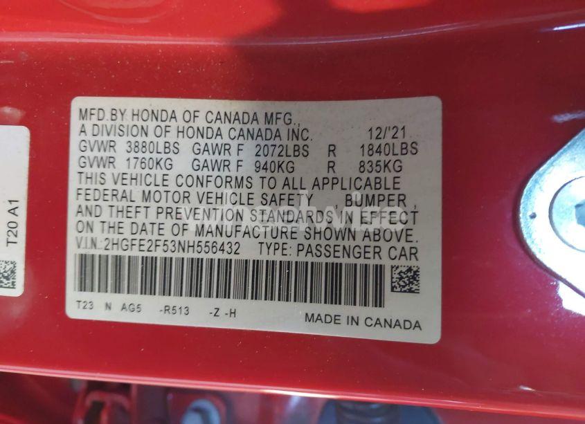 Photo 9 of 2022 Honda Civic SPORT (VIN 2HGFE2F53NH556432)