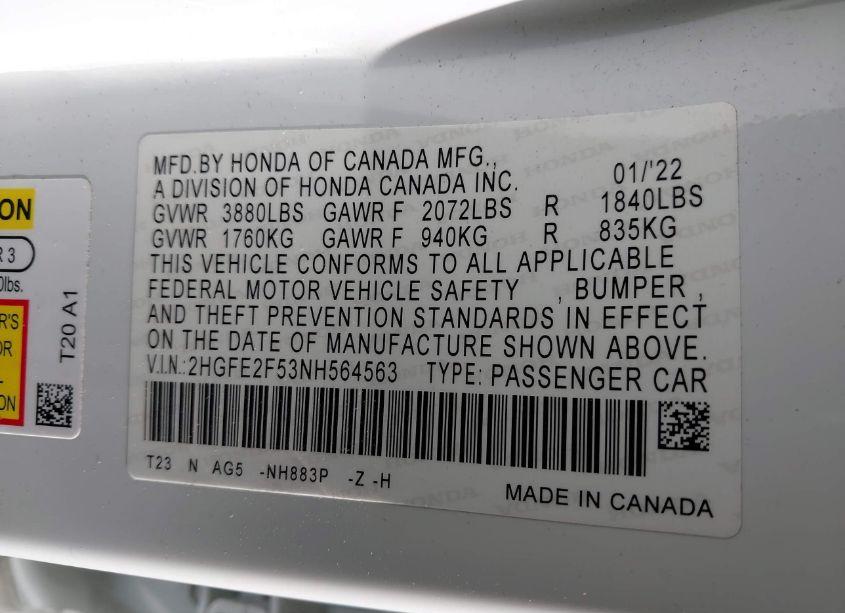 Photo 9 of 2022 Honda Civic SPORT (VIN 2HGFE2F53NH564563)