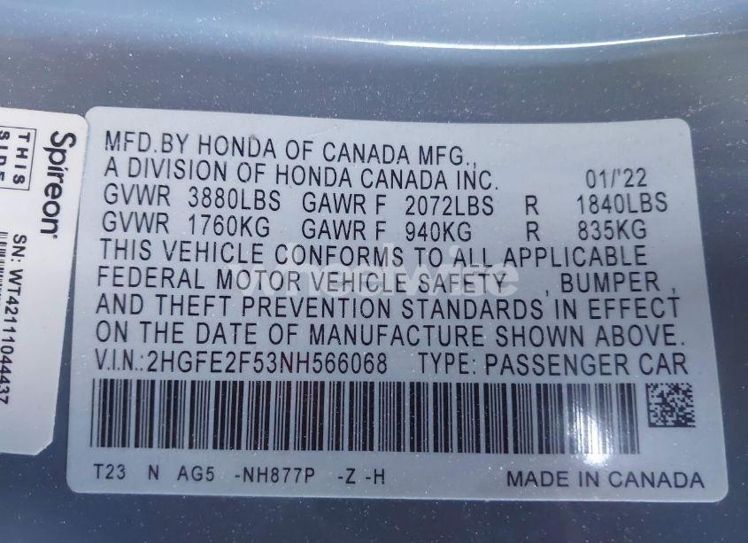 Photo 9 of 2022 Honda Civic SPORT (VIN 2HGFE2F53NH566068)