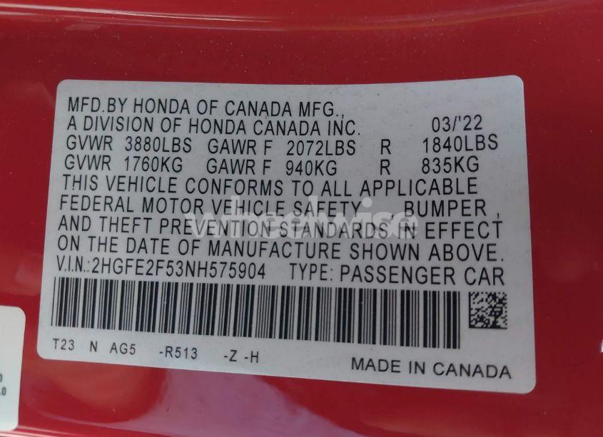 Photo 9 of 2022 Honda Civic SPORT (VIN 2HGFE2F53NH575904)