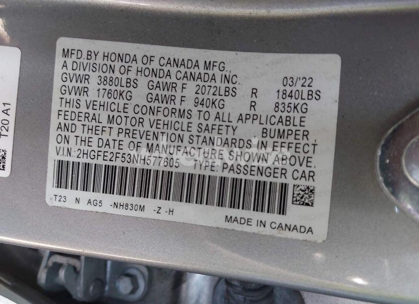 Photo 9 of 2022 Honda Civic SPORT (VIN 2HGFE2F53NH577605)