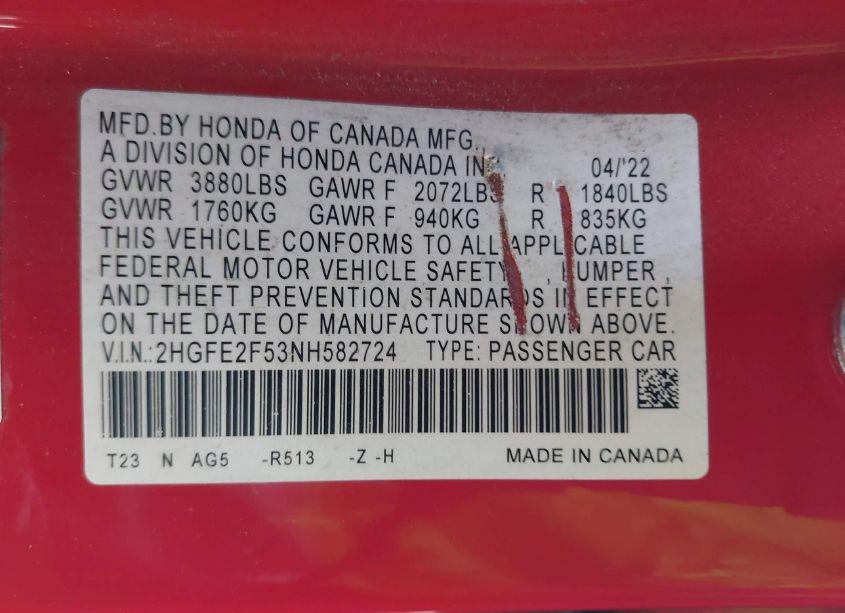 Photo 9 of 2022 Honda Civic SPORT (VIN 2HGFE2F53NH582724)