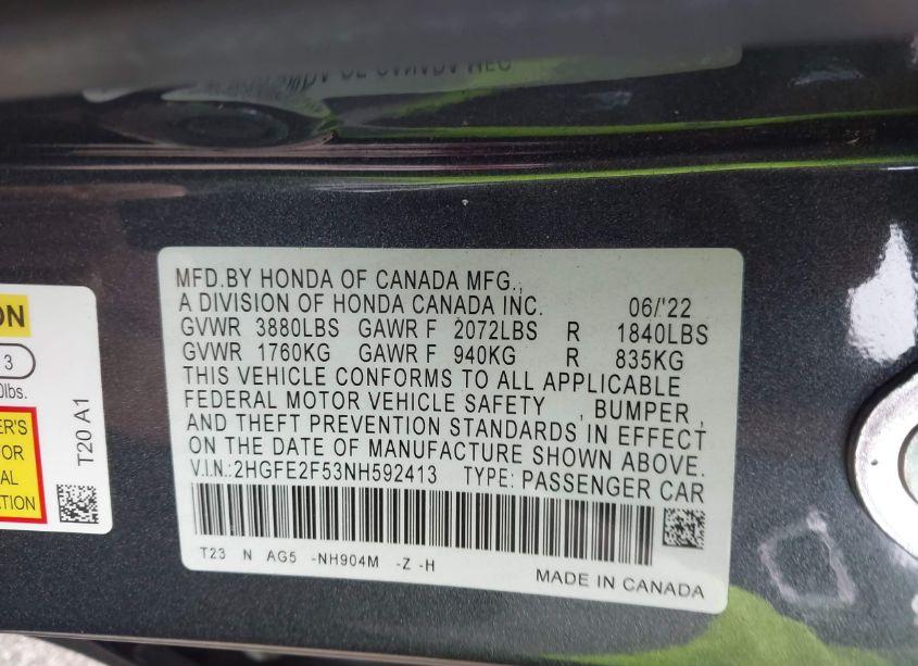 Photo 9 of 2022 Honda Civic SPORT (VIN 2HGFE2F53NH592413)
