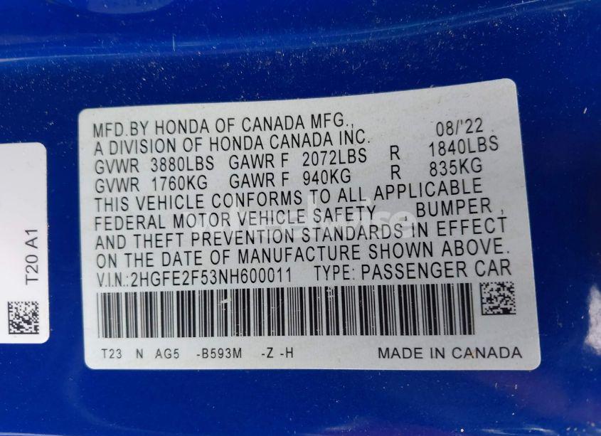 Photo 9 of 2022 Honda Civic SPORT (VIN 2HGFE2F53NH600011)