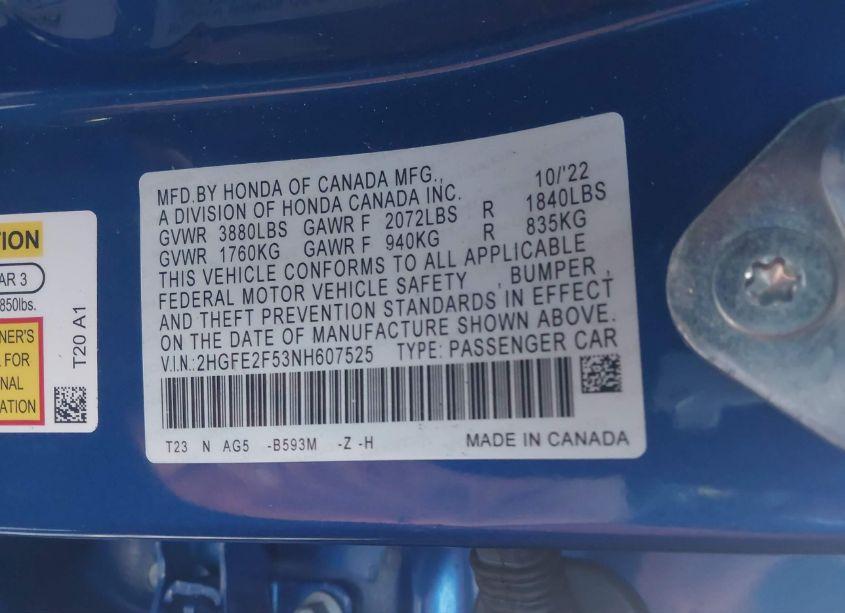 Photo 9 of 2022 Honda Civic SPORT (VIN 2HGFE2F53NH607525)