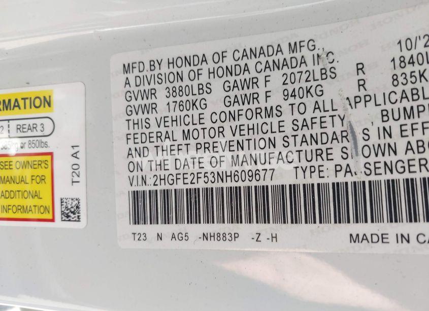 Photo 9 of 2022 Honda Civic SPORT (VIN 2HGFE2F53NH609677)