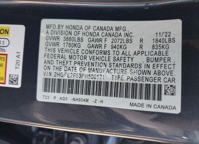 Photo 9 of 2023 Honda Civic SPORT (VIN 2HGFE2F53PH500171)