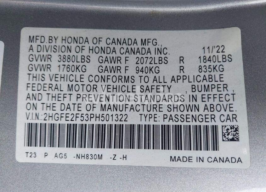 Photo 9 of 2023 Honda Civic SPORT (VIN 2HGFE2F53PH501322)