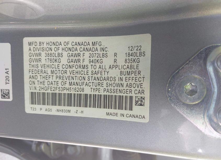 Photo 9 of 2023 Honda Civic SPORT (VIN 2HGFE2F53PH516208)