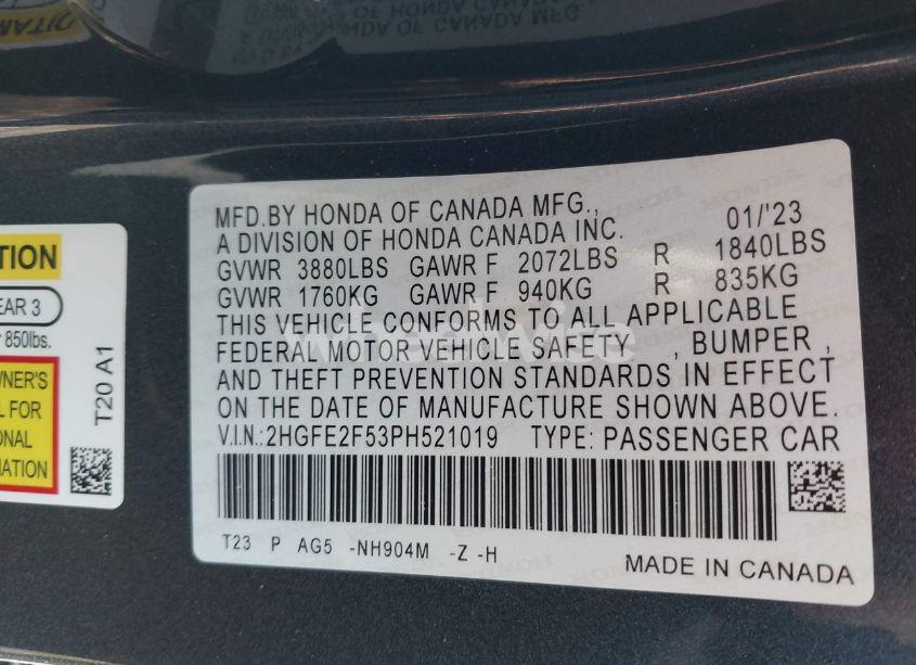 Photo 9 of 2023 Honda Civic SPORT (VIN 2HGFE2F53PH521019)