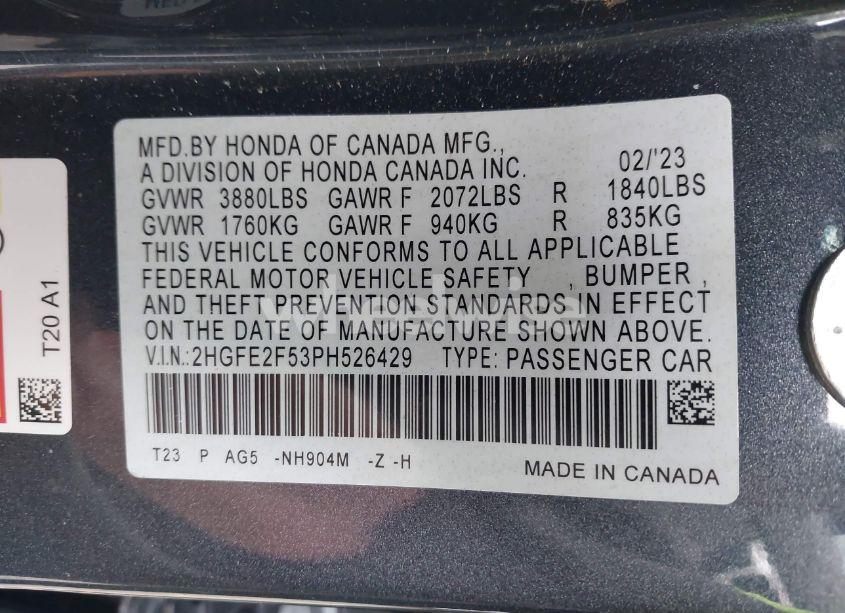 Photo 9 of 2023 Honda Civic SPORT (VIN 2HGFE2F53PH526429)