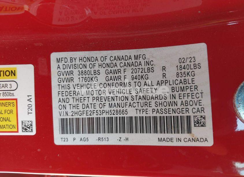 Photo 9 of 2023 Honda Civic SPORT (VIN 2HGFE2F53PH528665)