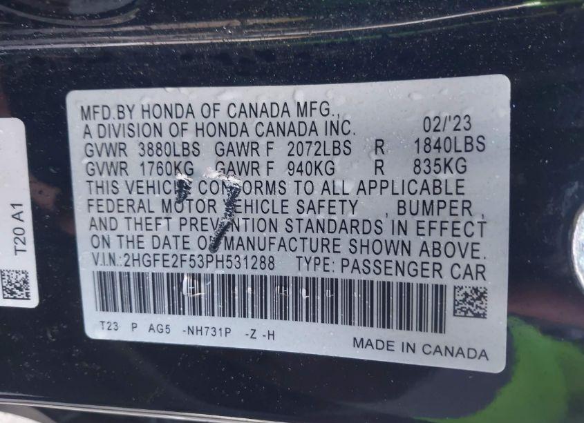 Photo 9 of 2023 Honda Civic SPORT (VIN 2HGFE2F53PH531288)