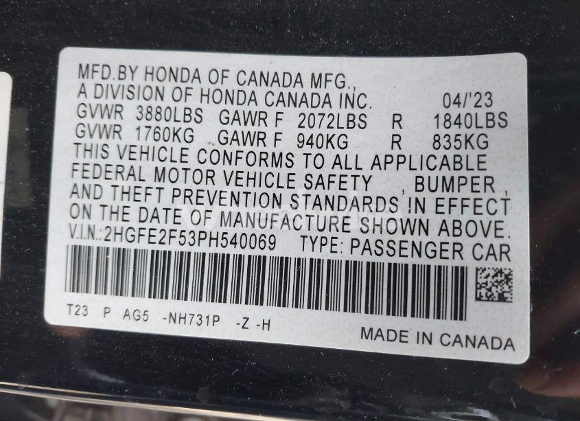 Photo 9 of 2023 Honda Civic SPORT (VIN 2HGFE2F53PH540069)