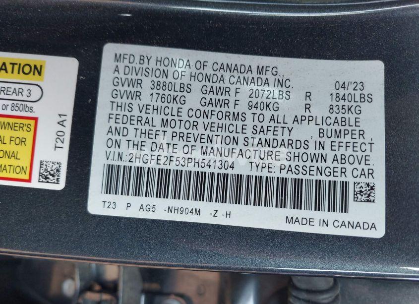 Photo 9 of 2023 Honda Civic SPORT (VIN 2HGFE2F53PH541304)