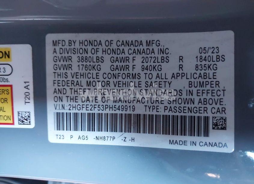 Photo 9 of 2023 Honda Civic SPORT (VIN 2HGFE2F53PH549919)