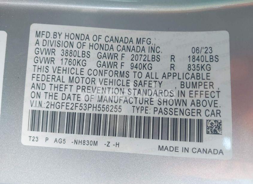 Photo 9 of 2023 Honda Civic SPORT (VIN 2HGFE2F53PH556255)