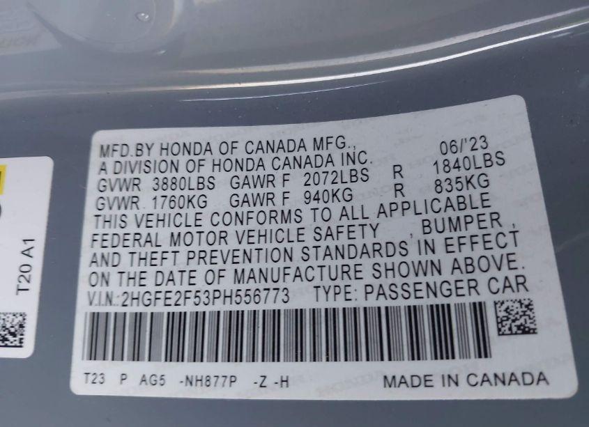 Photo 9 of 2023 Honda Civic SPORT (VIN 2HGFE2F53PH556773)