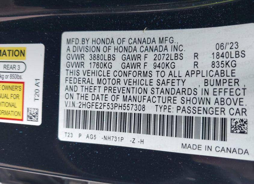 Photo 9 of 2023 Honda Civic SPORT (VIN 2HGFE2F53PH557308)