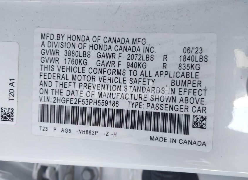 Photo 9 of 2023 Honda Civic SPORT (VIN 2HGFE2F53PH559186)