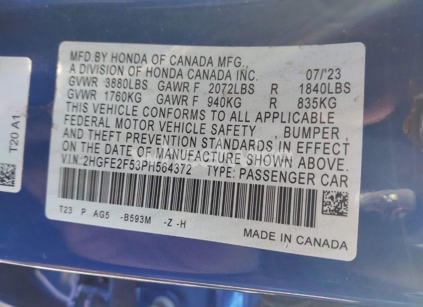 Photo 9 of 2023 Honda Civic SPORT (VIN 2HGFE2F53PH564372)