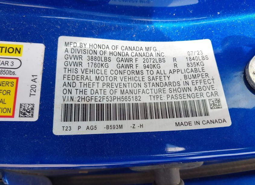 Photo 9 of 2023 Honda Civic SPORT (VIN 2HGFE2F53PH565182)