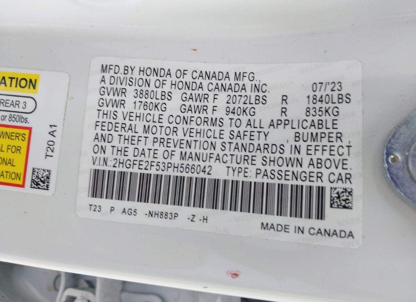 Photo 9 of 2023 Honda Civic SPORT (VIN 2HGFE2F53PH566042)