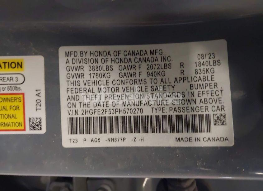 Photo 9 of 2023 Honda Civic SPORT (VIN 2HGFE2F53PH570270)
