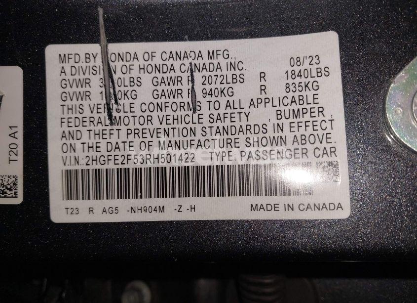 Photo 9 of 2024 Honda Civic SPORT (VIN 2HGFE2F53RH501422)