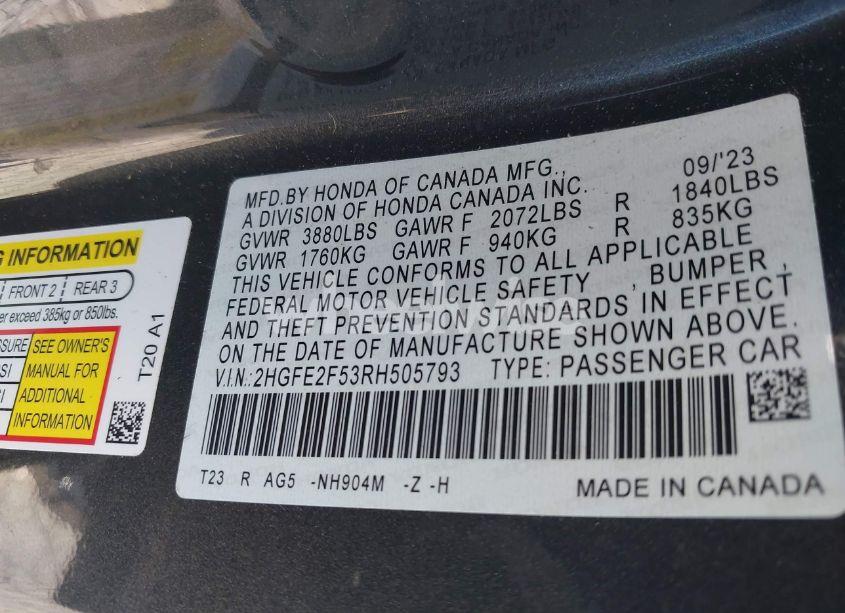 Photo 9 of 2024 Honda Civic SPORT (VIN 2HGFE2F53RH505793)