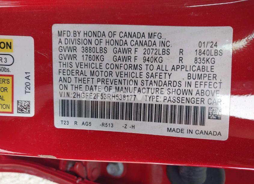 Photo 9 of 2024 Honda Civic SPORT (VIN 2HGFE2F53RH538177)