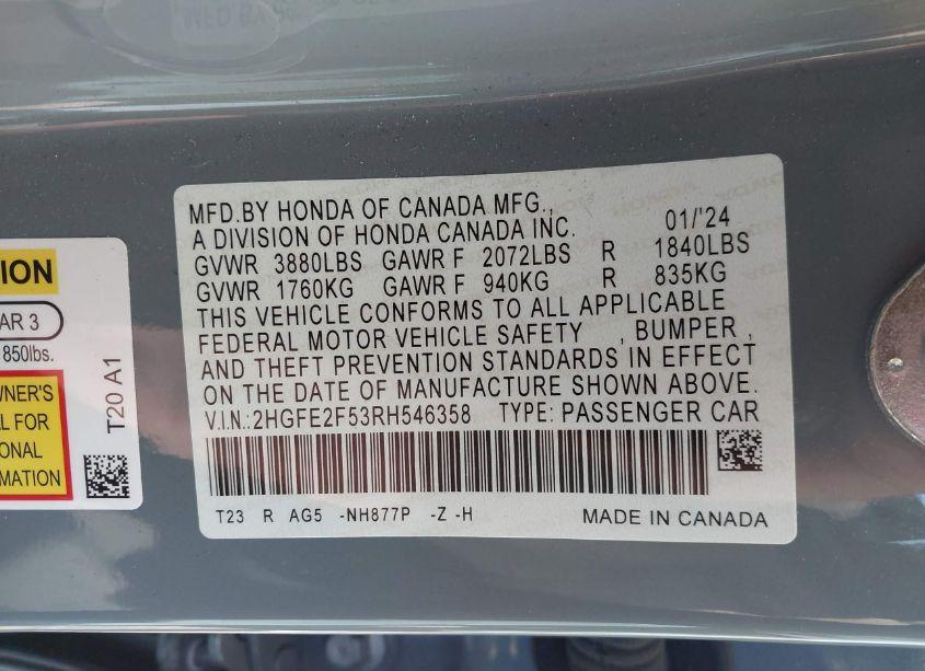 Photo 9 of 2024 Honda Civic SPORT (VIN 2HGFE2F53RH546358)