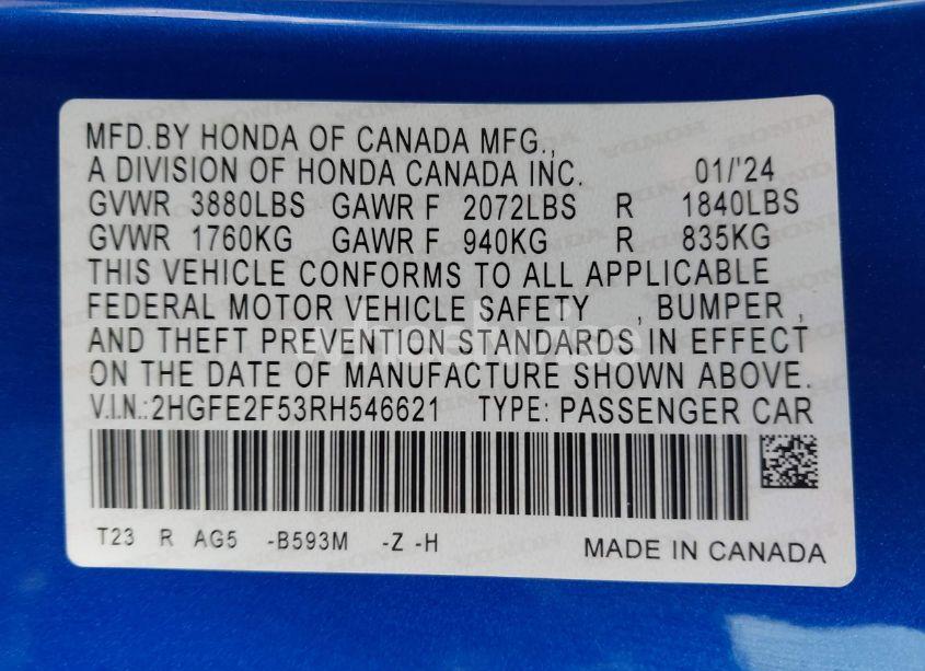 Photo 9 of 2024 Honda Civic SPORT (VIN 2HGFE2F53RH546621)