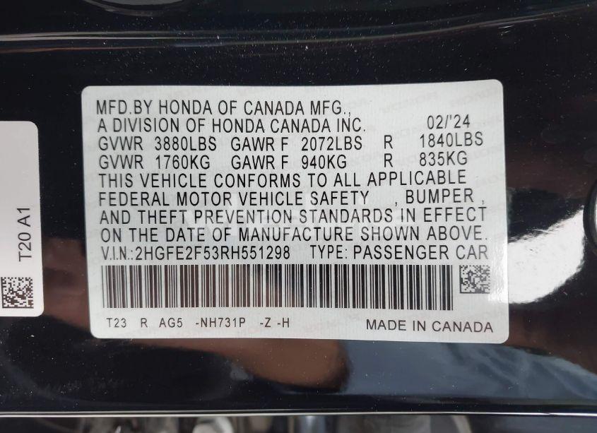 Photo 9 of 2024 Honda Civic SPORT (VIN 2HGFE2F53RH551298)