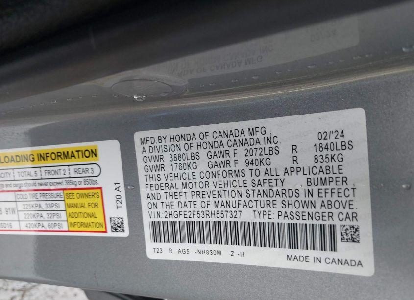 Photo 9 of 2024 Honda Civic SPORT (VIN 2HGFE2F53RH557327)