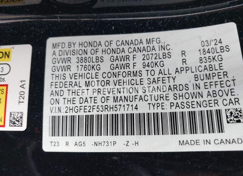 Photo 9 of 2024 Honda Civic SPORT (VIN 2HGFE2F53RH571714)