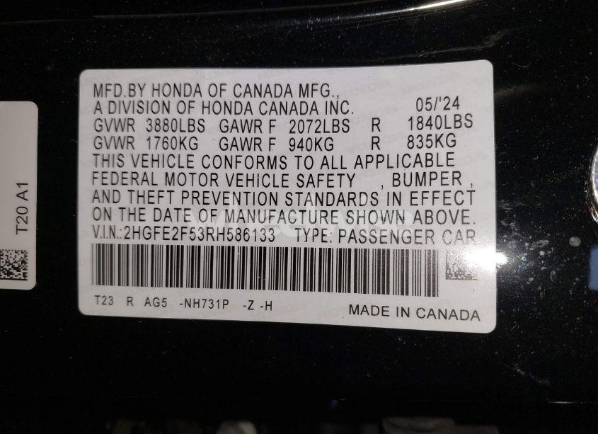 Photo 9 of 2024 Honda Civic SPORT (VIN 2HGFE2F53RH586133)