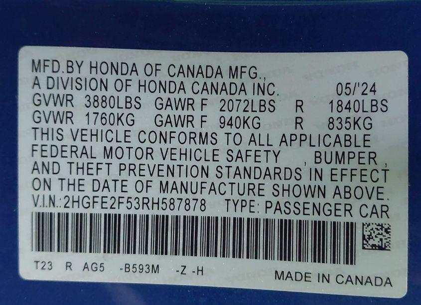 Photo 9 of 2024 Honda Civic SPORT (VIN 2HGFE2F53RH587878)